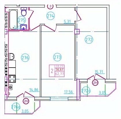 2-комн.кв., 62,8 м², 5/5 этаж