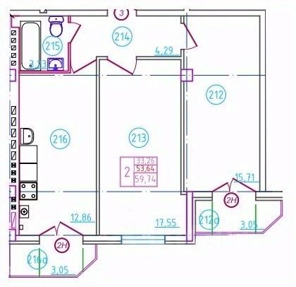 2-комн.кв., 59,7 м², 1/5 этаж