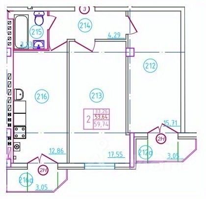 2-комн.кв., 59,7 м², 4/5 этаж