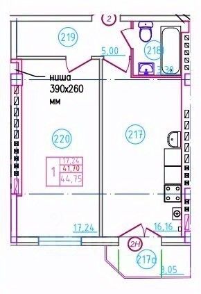 1-комн.кв., 44,8 м², 4/5 этаж