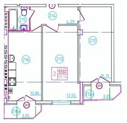 2-комн.кв., 59,7 м², 5/5 этаж