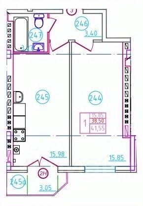 1-комн.кв., 41,5 м², 1/5 этаж