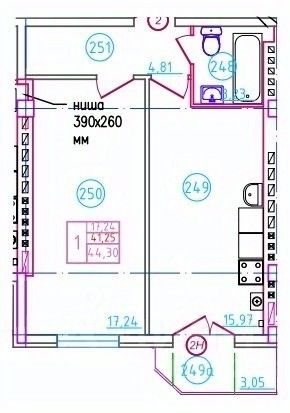 1-комн.кв., 44,3 м², 4/5 этаж