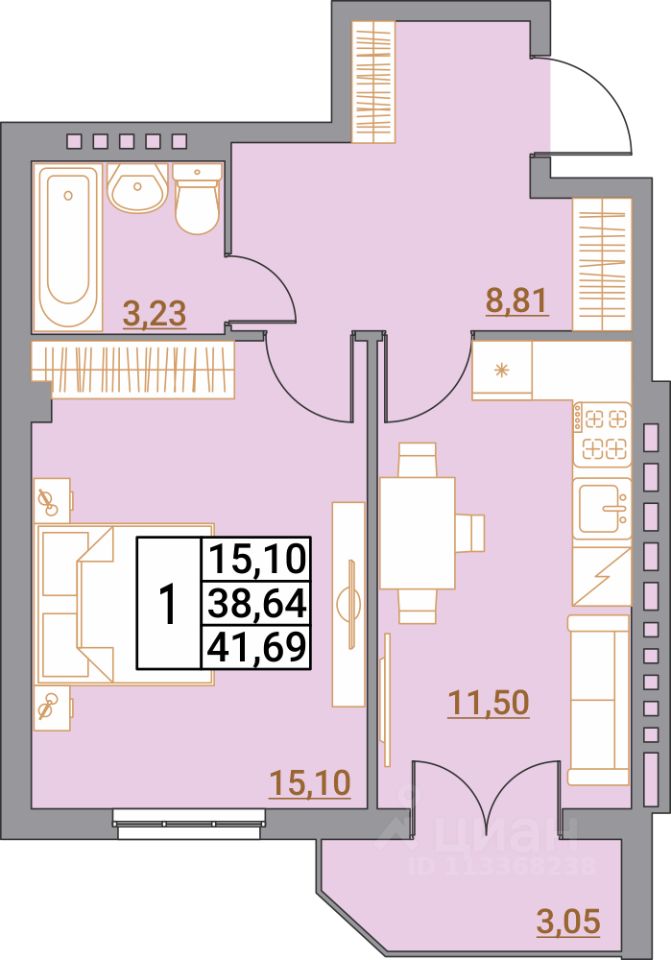 1-комн.кв., 40,4 м², 4/5 этаж