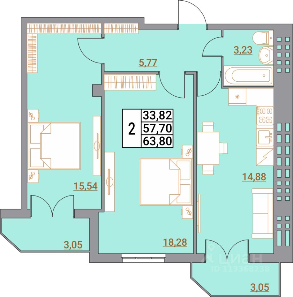 2-комн.кв., 63,8 м², 5/5 этаж