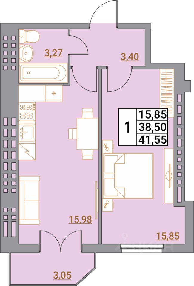 1-комн.кв., 41,5 м², 5/5 этаж