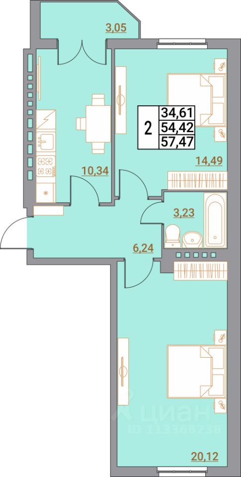2-комн.кв., 57,5 м², 5/5 этаж