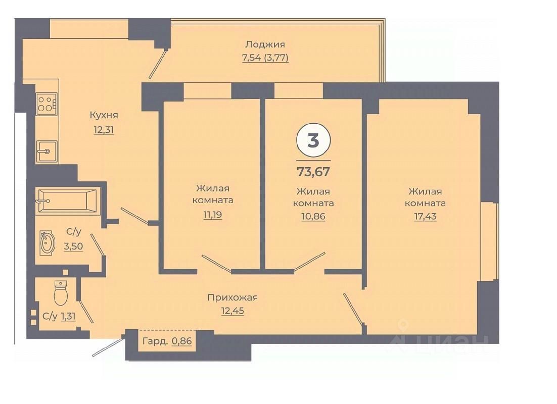 3-комн.кв., 73,7 м², 2/24 этаж