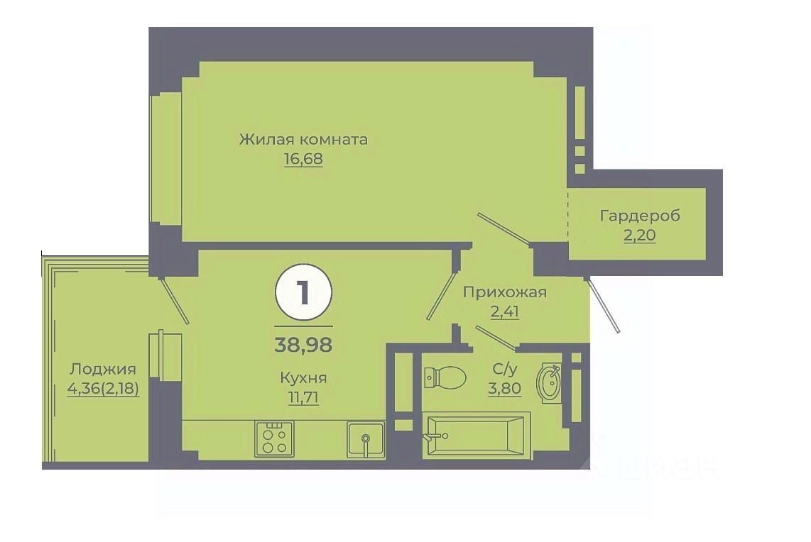 1-комн.кв., 38,8 м², 19/24 этаж