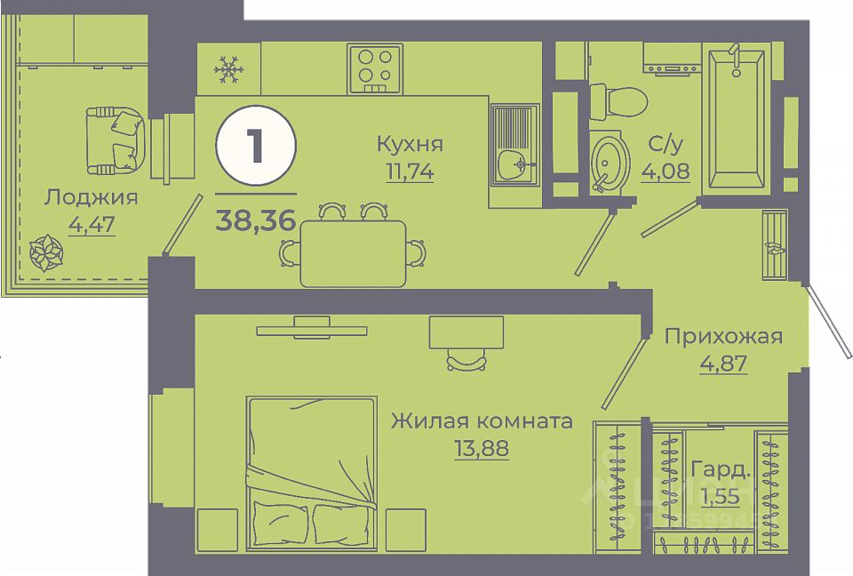 1-комн.кв., 38,4 м², 5/24 этаж