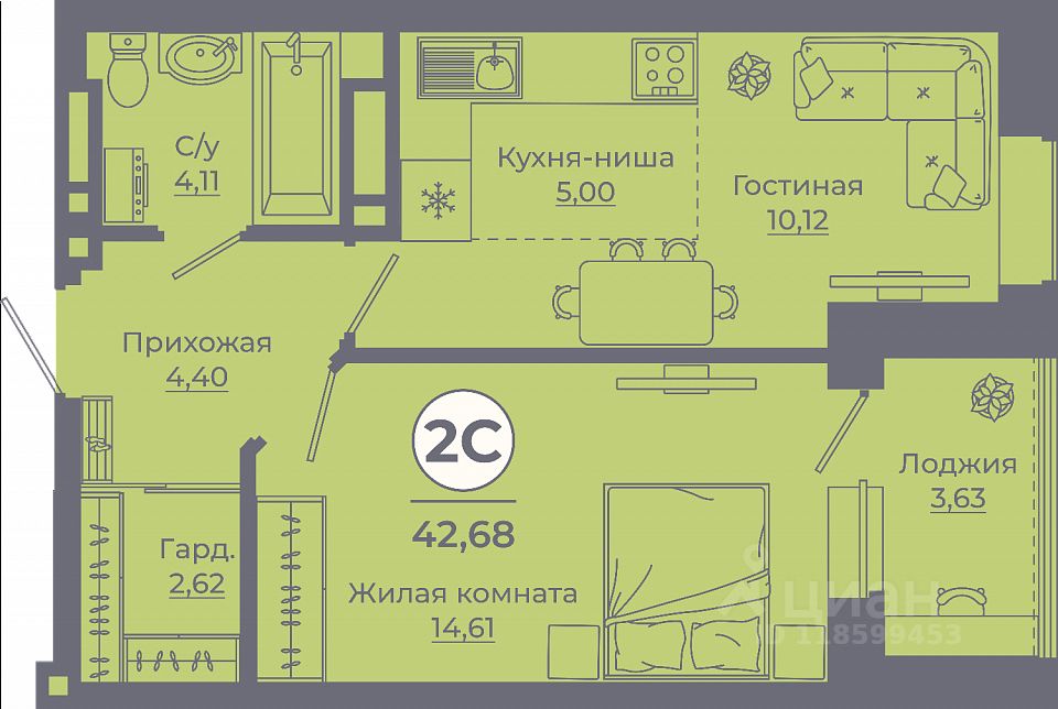 2-комн.кв., 42,4 м², 19/24 этаж
