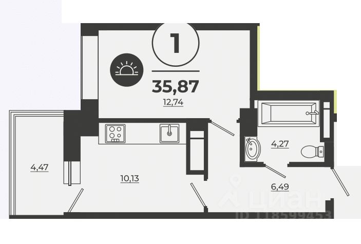 1-комн.кв., 34,3 м², 23/24 этаж