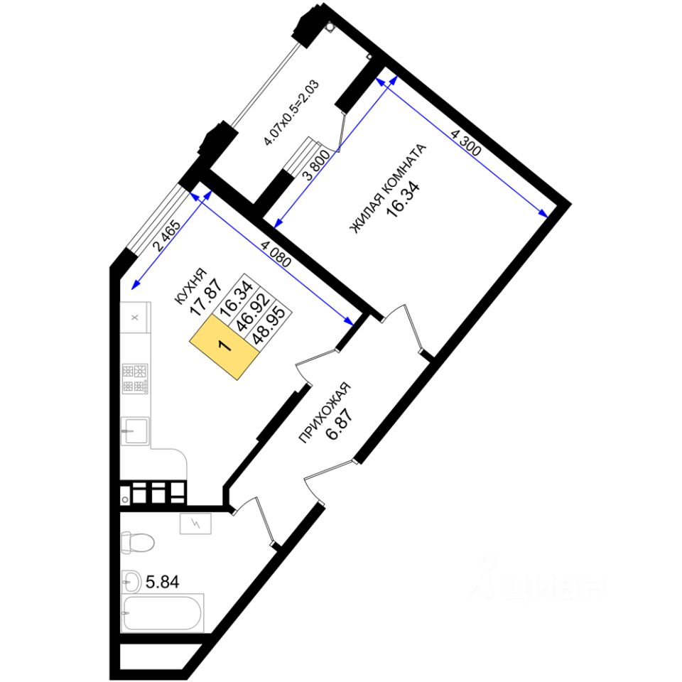1-комн.кв., 49 м², 6/8 этаж