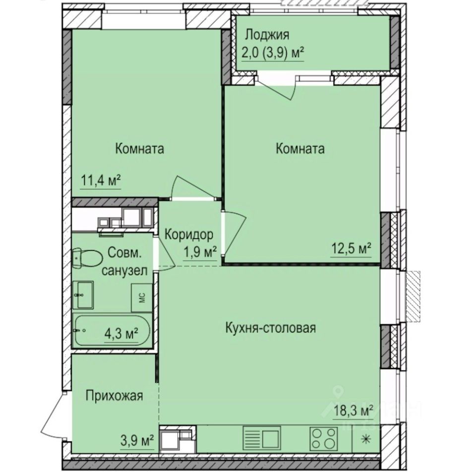 2-комн.кв., 54,3 м², 10/17 этаж