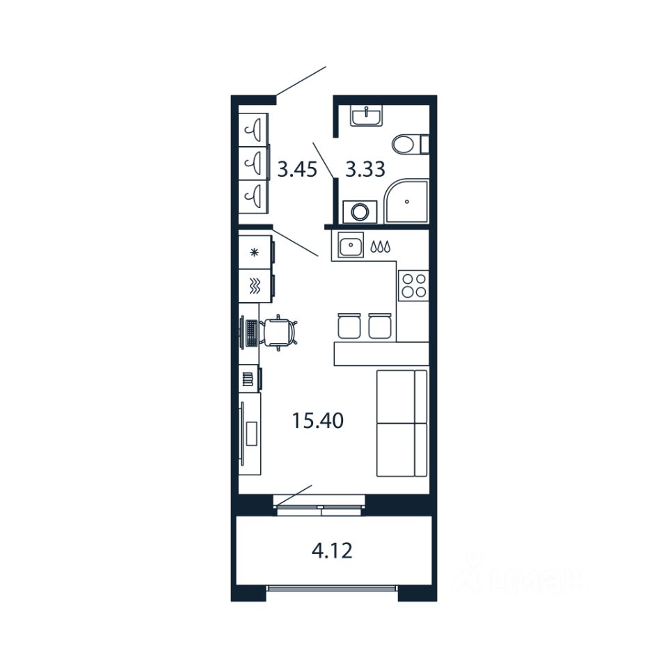 Студия, 21,9 м², 8/12 этаж