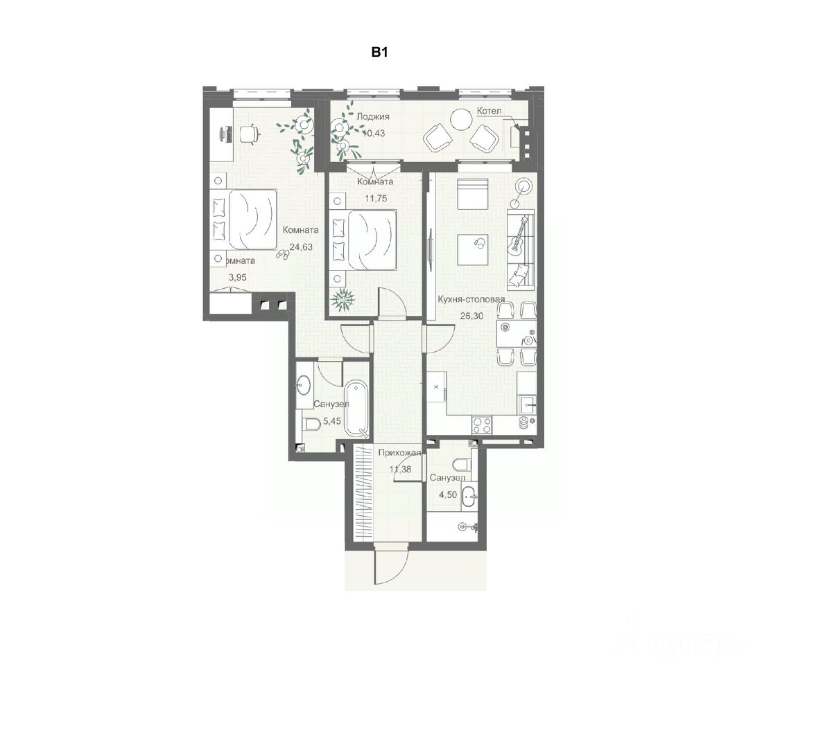 3-комн. апарт., 87,4 м², 2/4 этаж