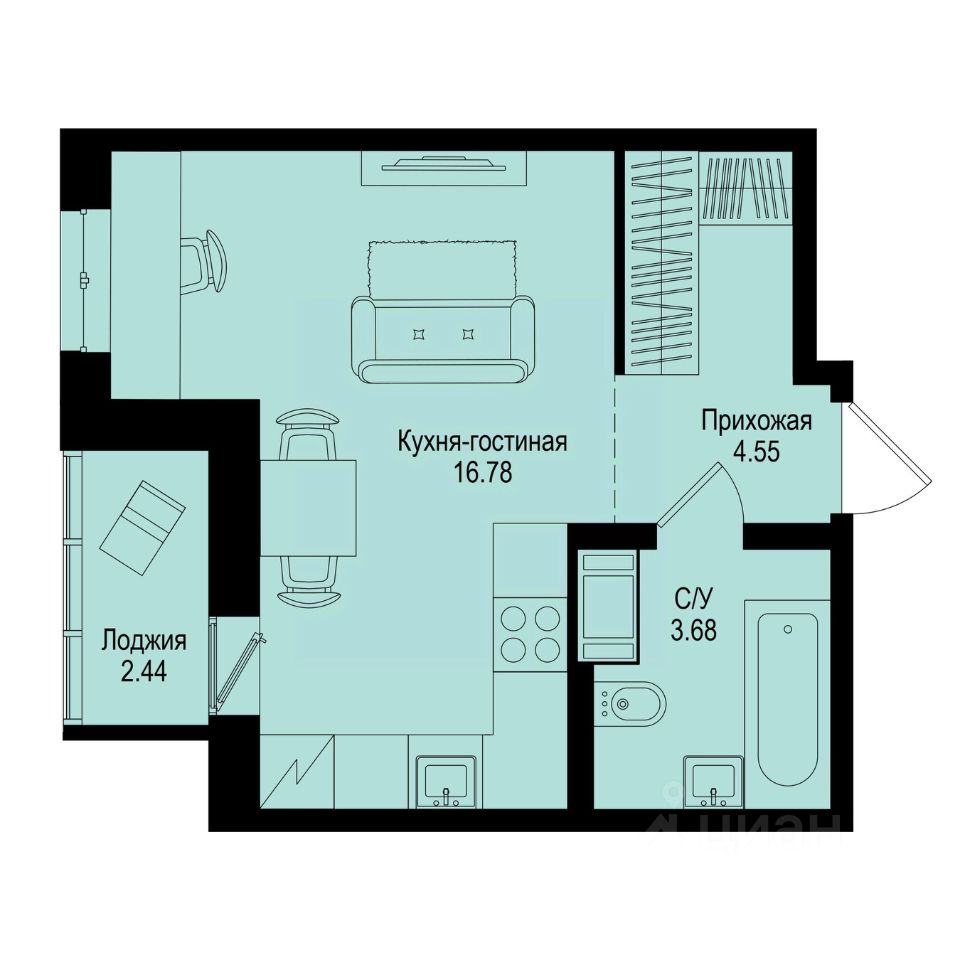 Студия, 26,2 м², 9/9 этаж