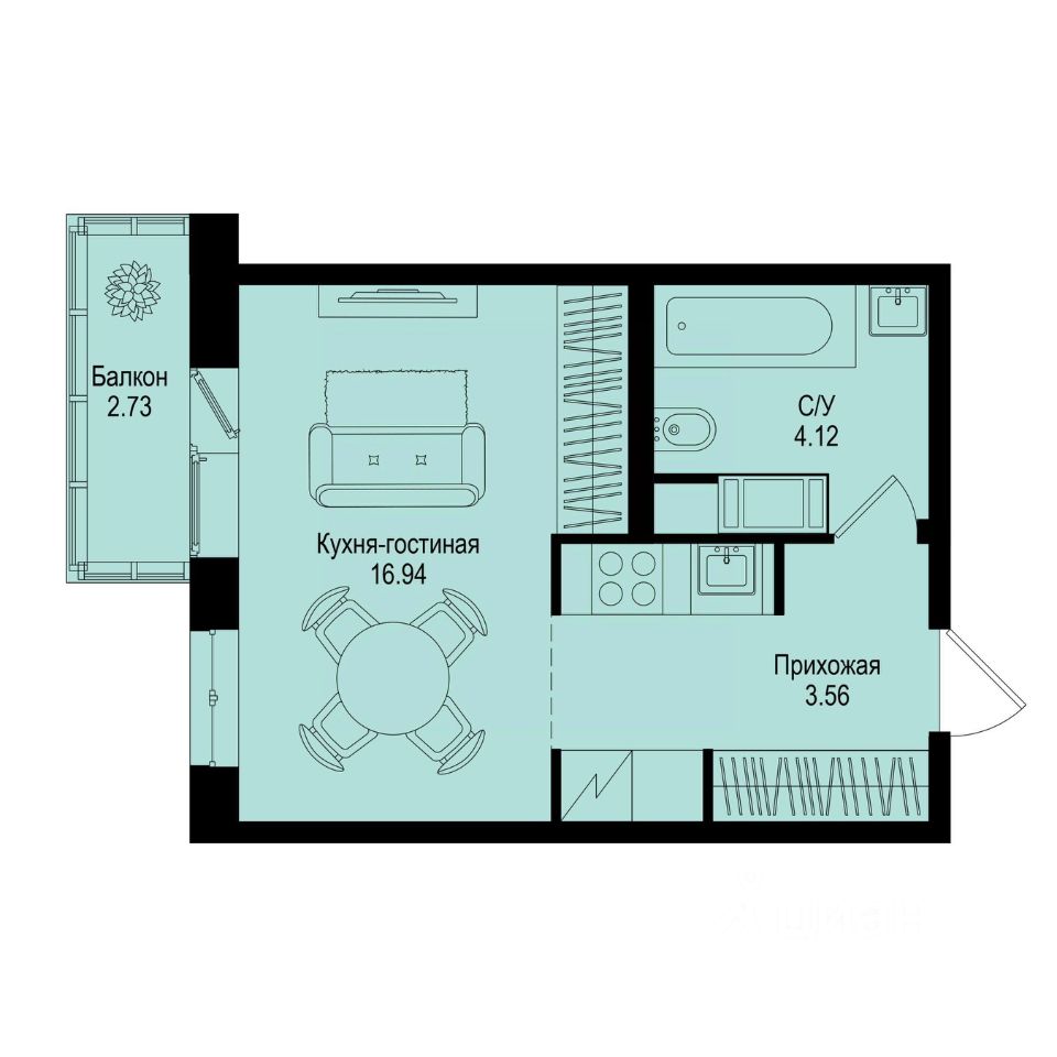 Студия, 25,4 м², 6/9 этаж