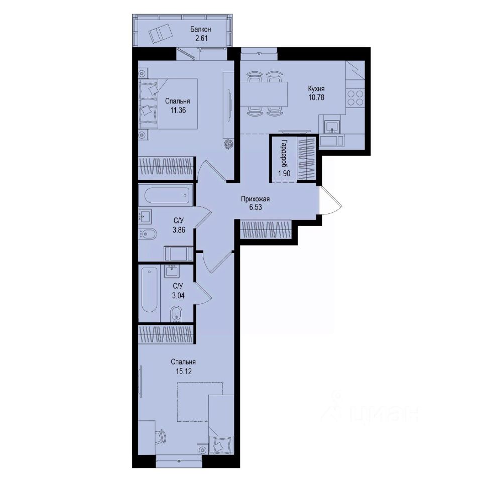 2-комн.кв., 53,4 м², 7/9 этаж