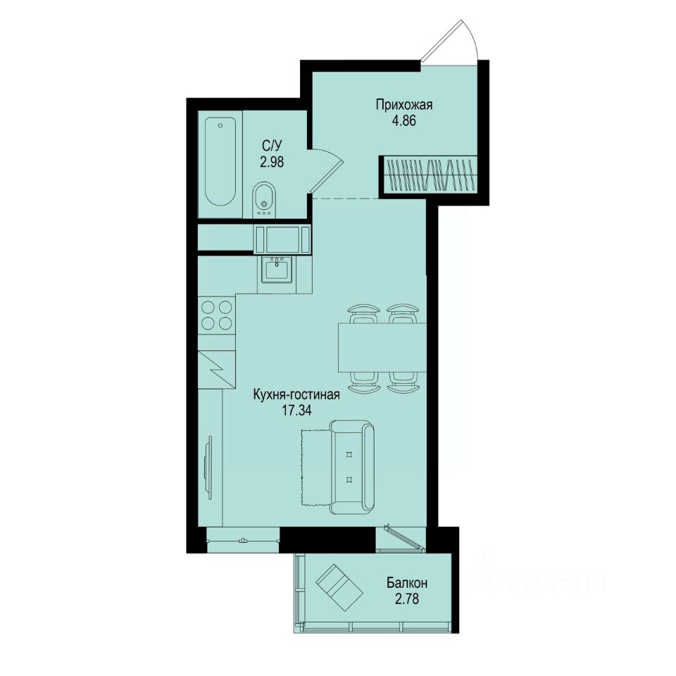 Студия, 26 м², 6/9 этаж