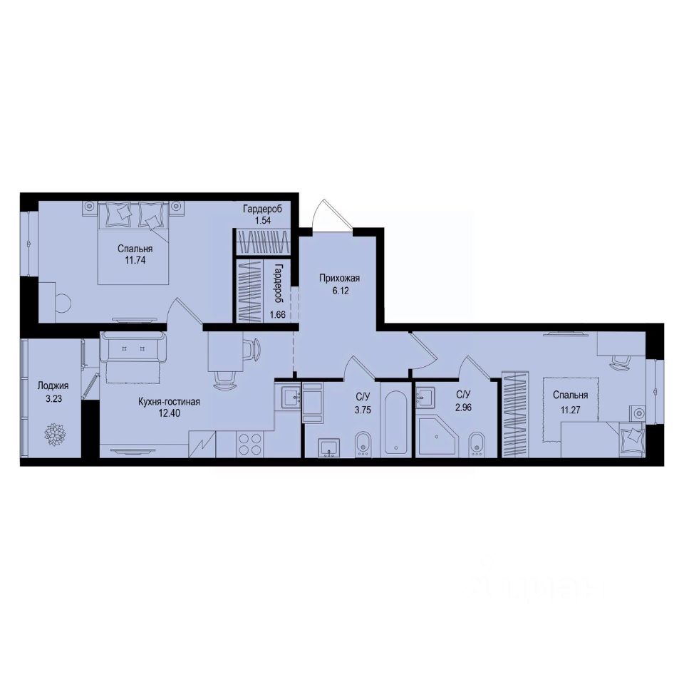 2-комн.кв., 53,1 м², 3/9 этаж