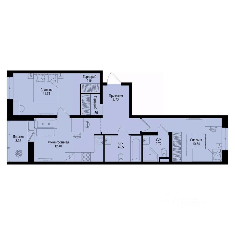 2-комн.кв., 52,9 м², 2/9 этаж