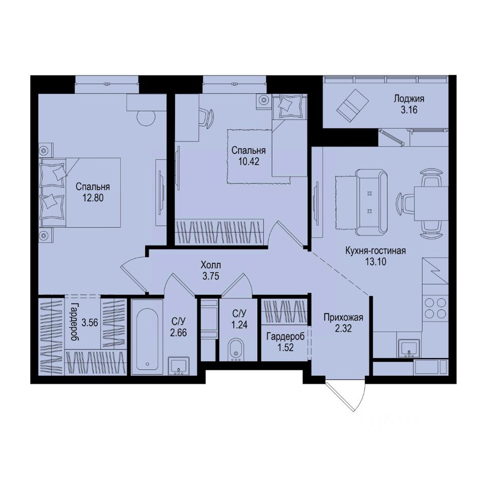 2-комн.кв., 53 м², 8/9 этаж