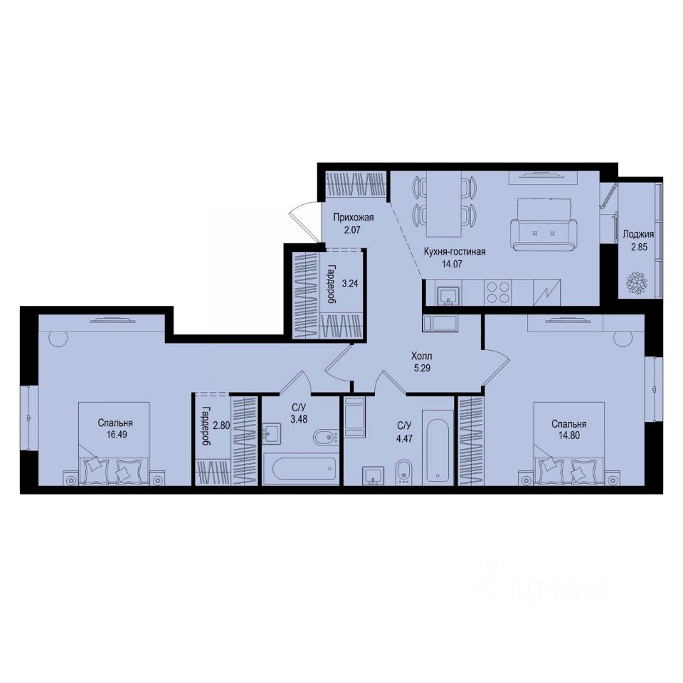 2-комн.кв., 68,1 м², 6/9 этаж