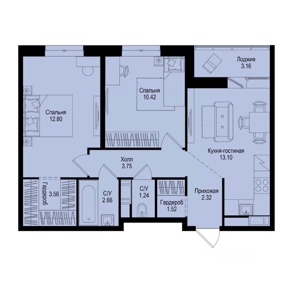 2-комн.кв., 53 м², 5/9 этаж