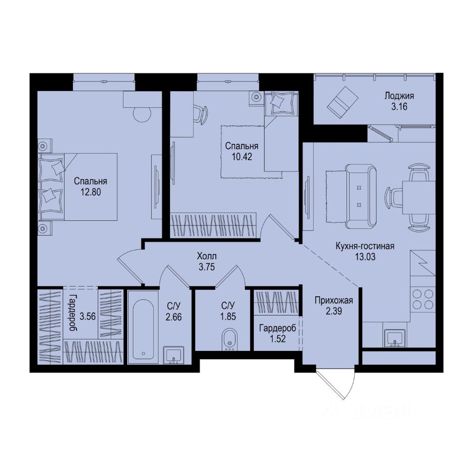 2-комн.кв., 53,6 м², 2/9 этаж