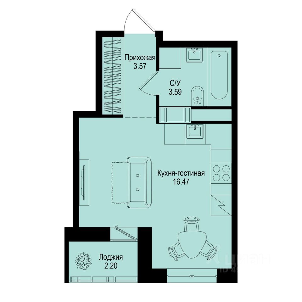 Студия, 24,7 м², 9/9 этаж