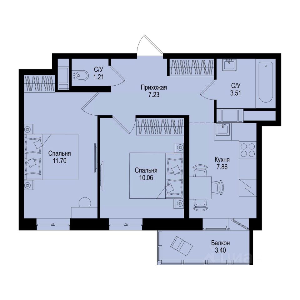 2-комн.кв., 42,6 м², 6/9 этаж