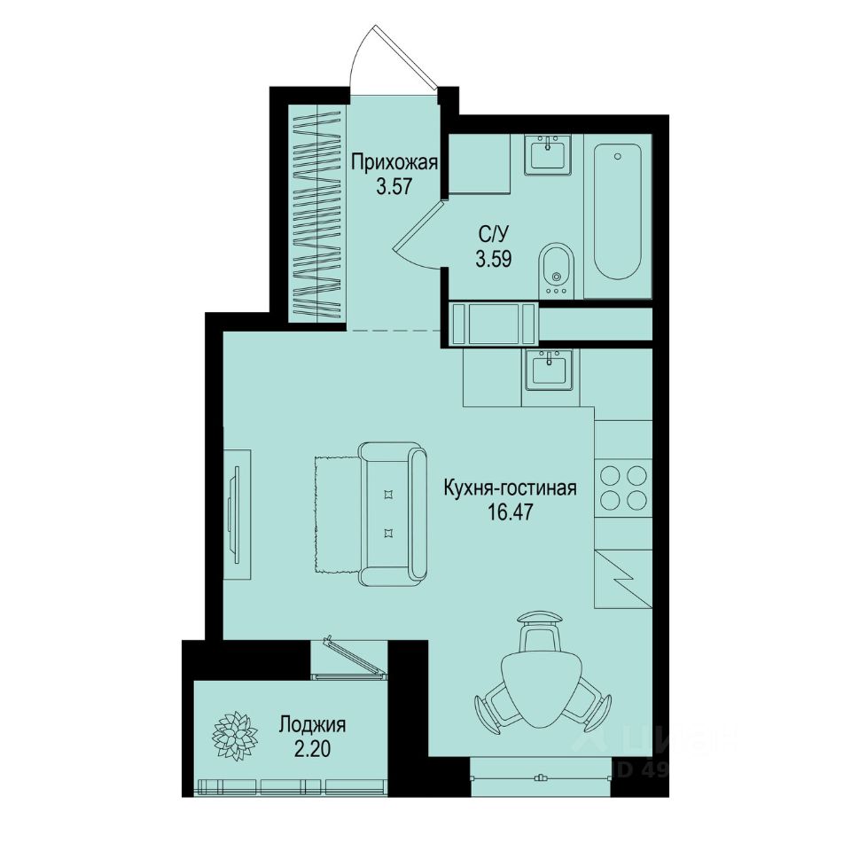 Студия, 24,7 м², 3/9 этаж
