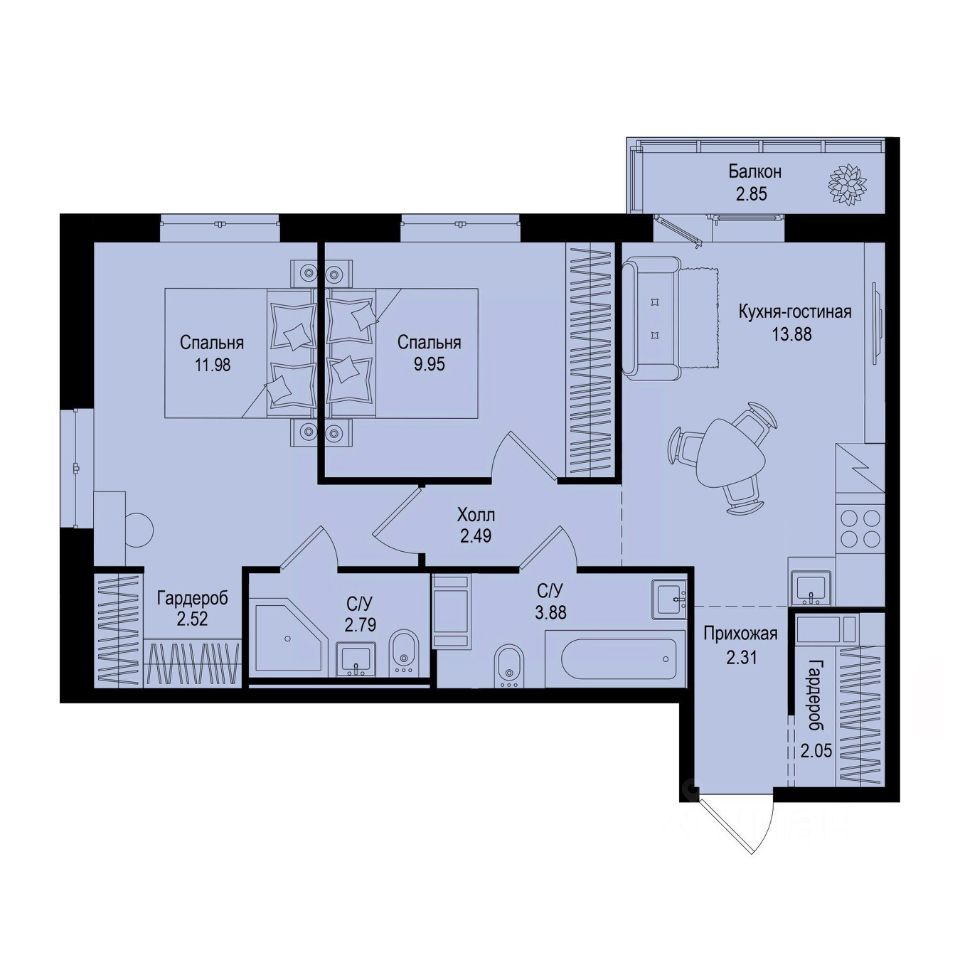 2-комн.кв., 52,7 м², 8/9 этаж
