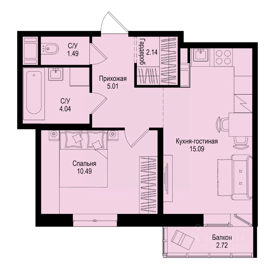 1-комн.кв., 39,1 м², 3/9 этаж