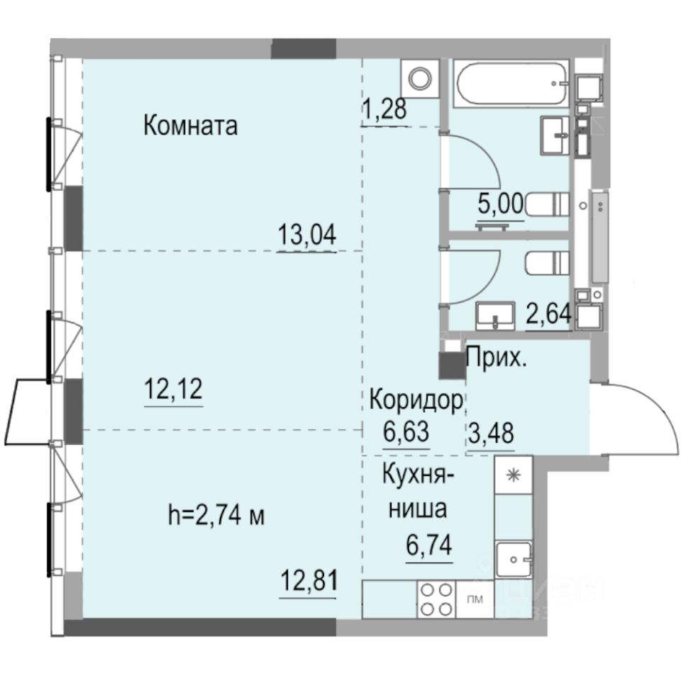 Студия, 65,2 м², 13/23 этаж