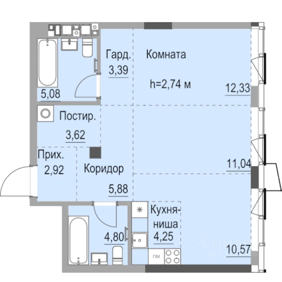 Студия, 65,5 м², 17/23 этаж