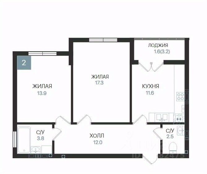 2-комн.кв., 62,7 м², 1/5 этаж