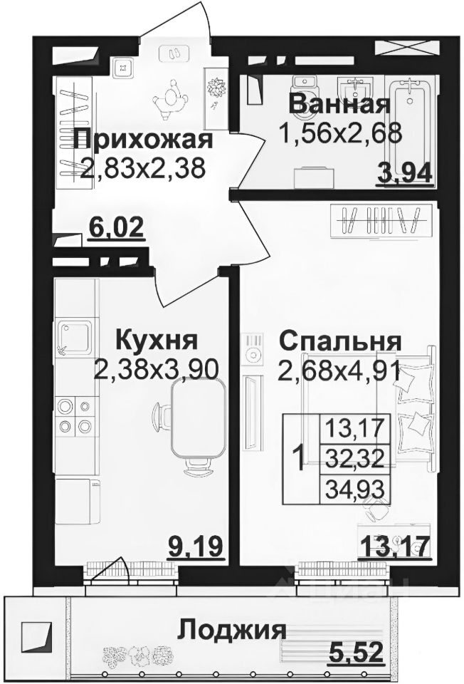 Планировка этой квартиры по данным Циан