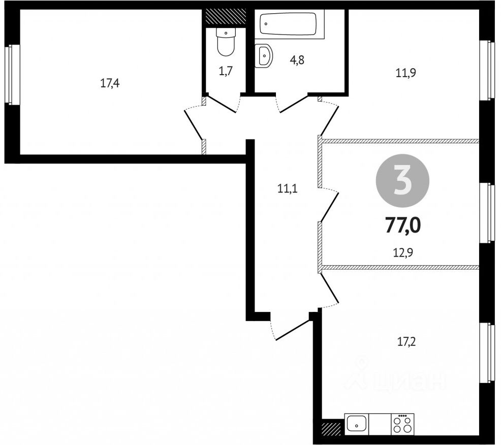 Планировка этой квартиры по данным Циан