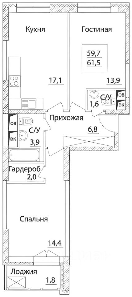 Планировка этой квартиры по данным Циан