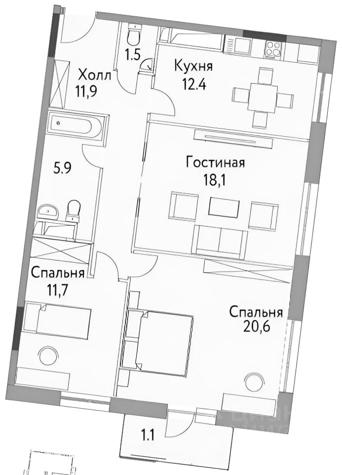 Планировка этой квартиры по данным Циан