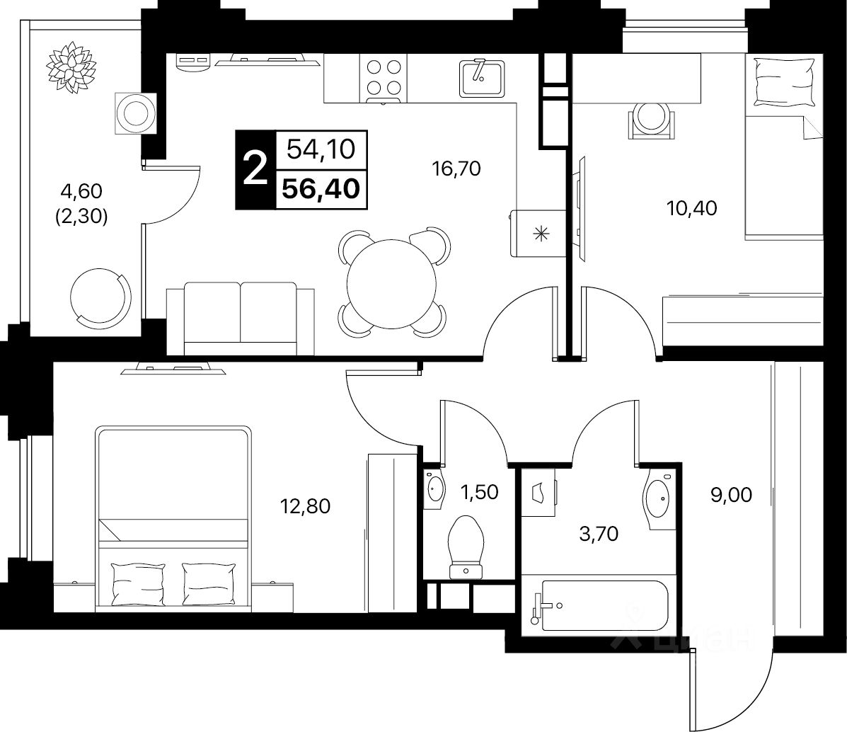 2-комн.кв., 56,4 м², 9/20 этаж