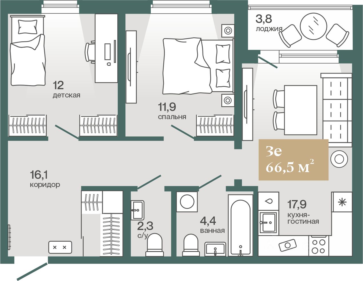 2-комн.кв., 66,5 м², 3/4 этаж
