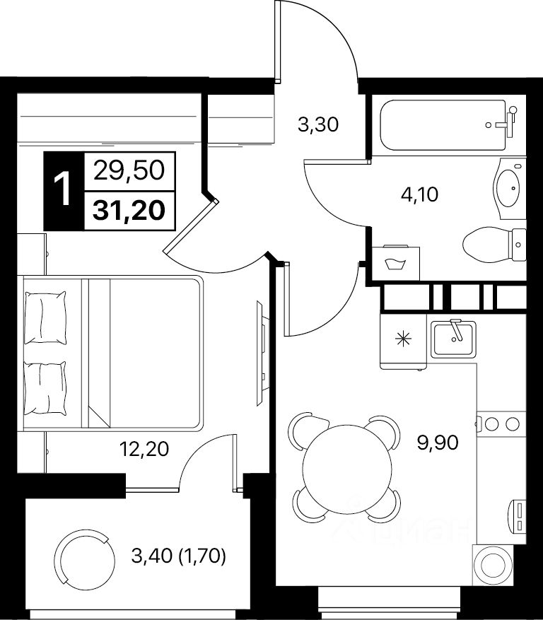 1-комн.кв., 31,2 м², 3/12 этаж