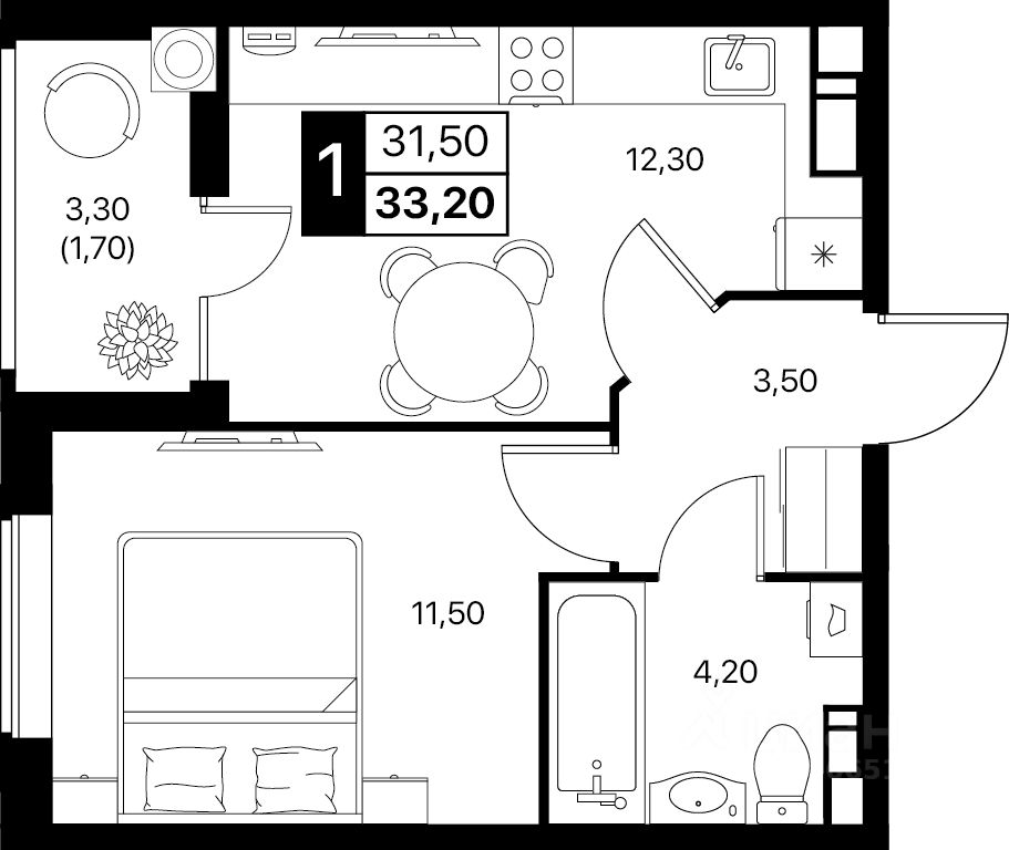 1-комн.кв., 33,2 м², 8/12 этаж