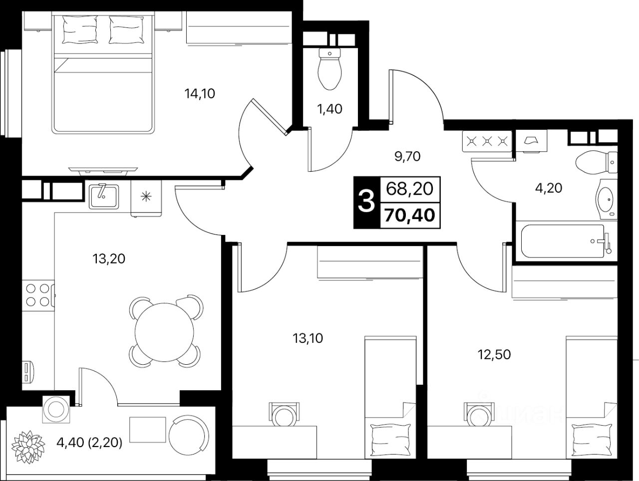 3-комн.кв., 70,4 м², 3/12 этаж