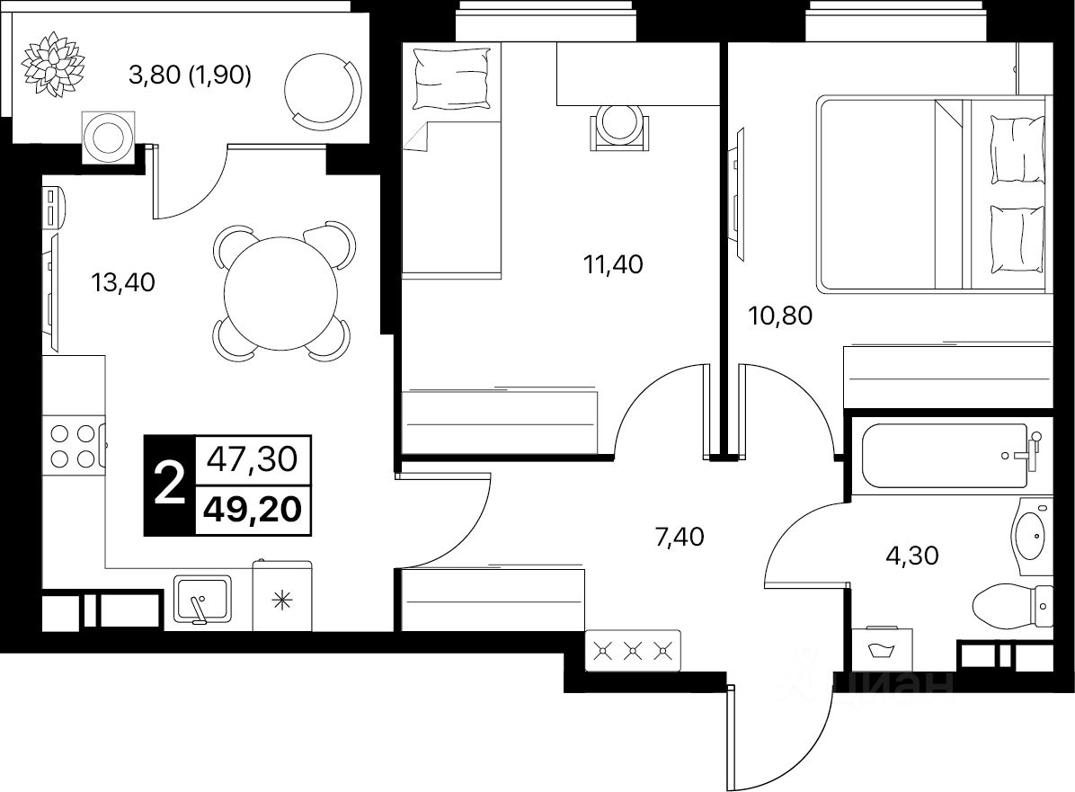 2-комн.кв., 49,2 м², 3/12 этаж