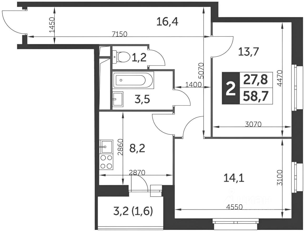 Планировка этой квартиры по данным Циан