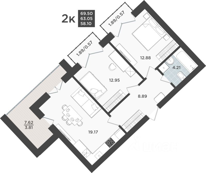 2-комн.кв., 63 м², 9/10 этаж